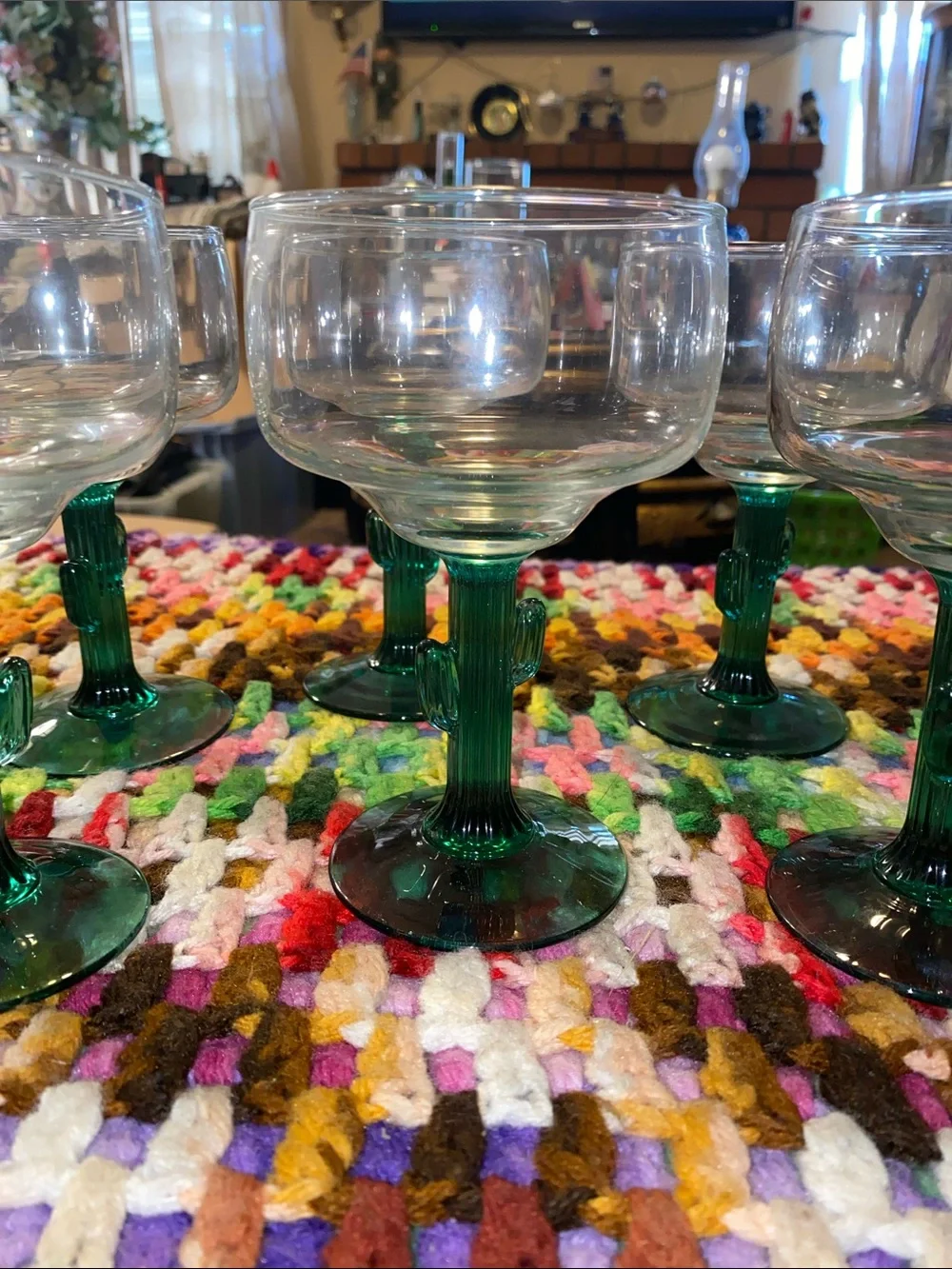 Vintage Cactus Green-Stem Clear Goblets - Set of 6